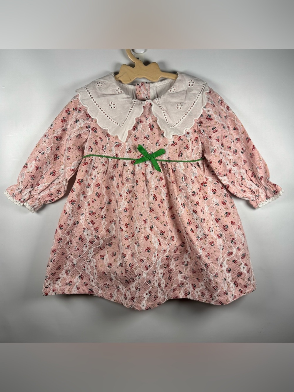 Girls Pink Lace Peter Pan Collar Dress 18-24 Months Cherry Floral Cottagecore